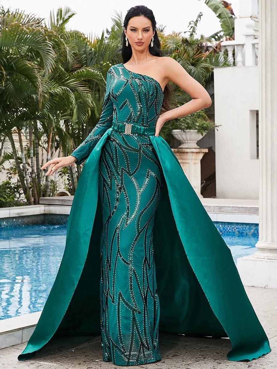 One Shoulder Cloak Sequin Prom Dress XH2172