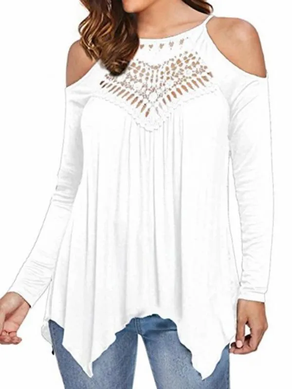 Patchwork off-the-shoulder Long-sleeved Casual T-shirt