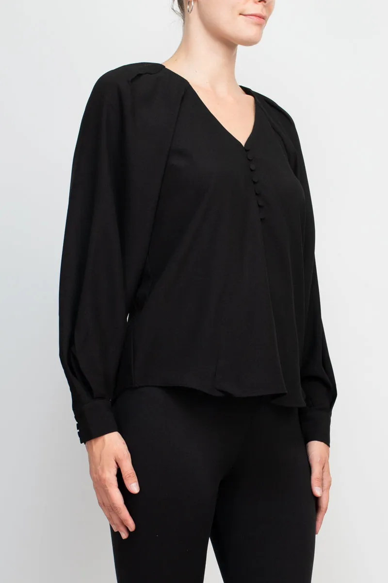 Philosophy V-neck cuffed long sleeve button closure front solid stretch crepe blouse