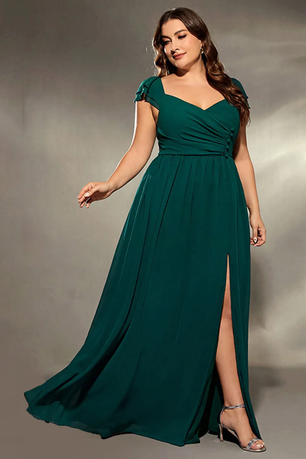 Plus Size Dark Green V Neck Ruffle Sleeves Maxi Dress with Slit