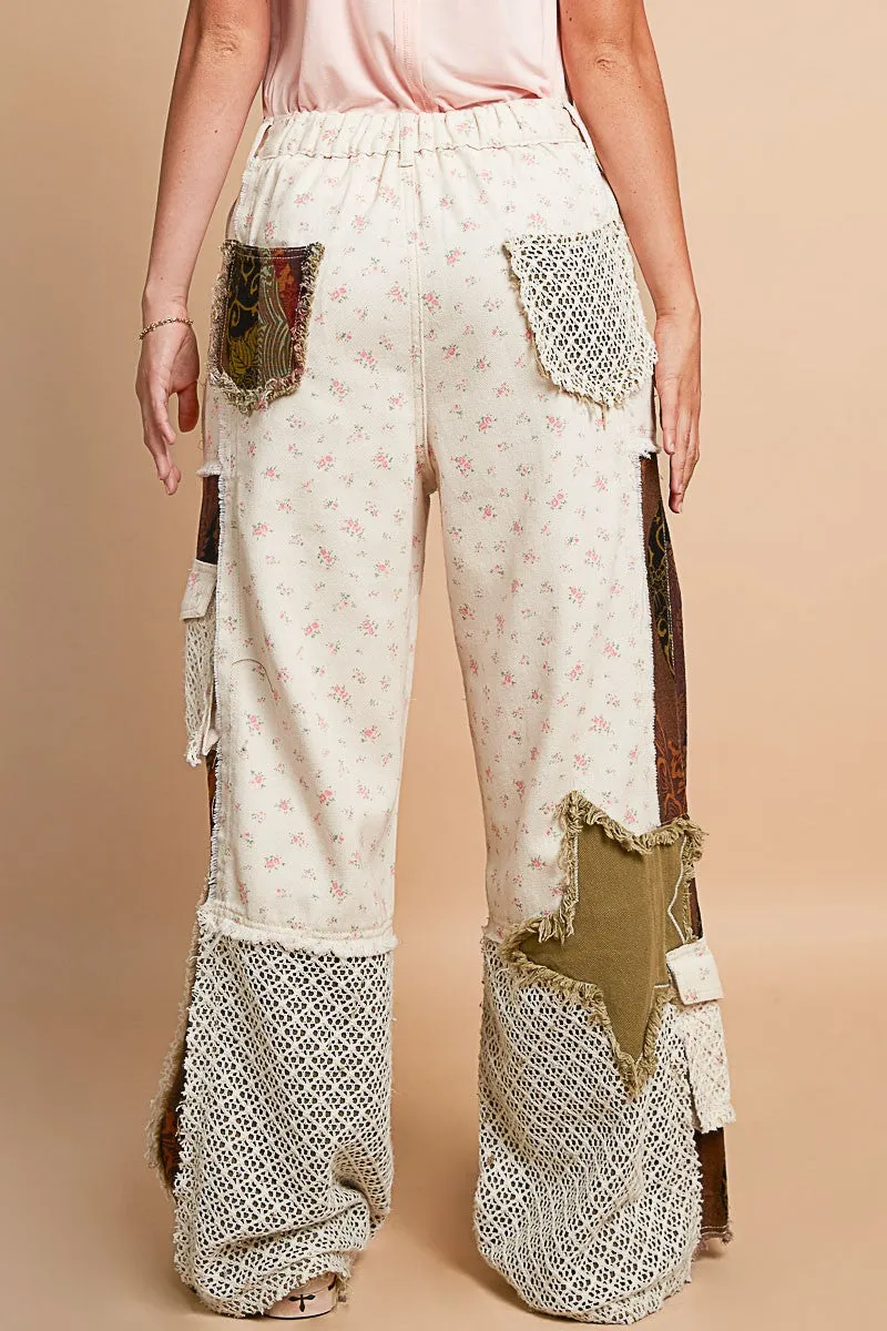 POL Relaxed Fit Twill Patchwork Pants in Ivory/Red Bean Multi