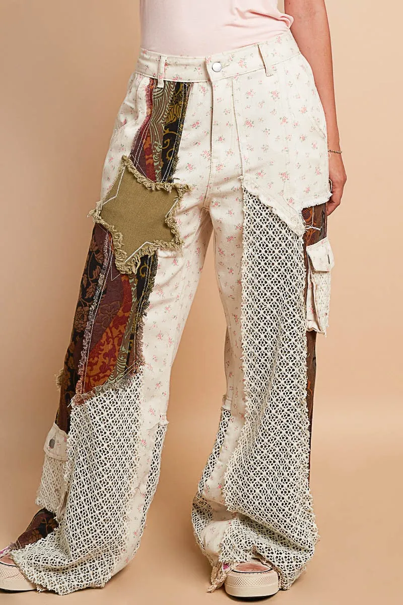 POL Relaxed Fit Twill Patchwork Pants in Ivory/Red Bean Multi