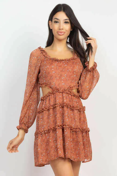 Ruffled Cutout Ditsy Floral Dress