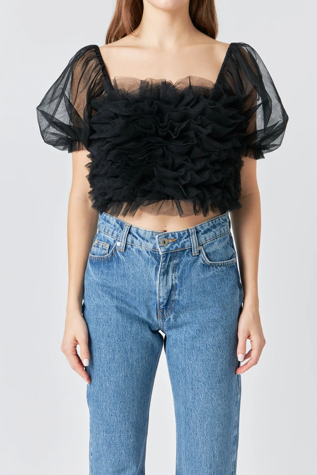 Ruffled Puff Sleeve Tulle Top