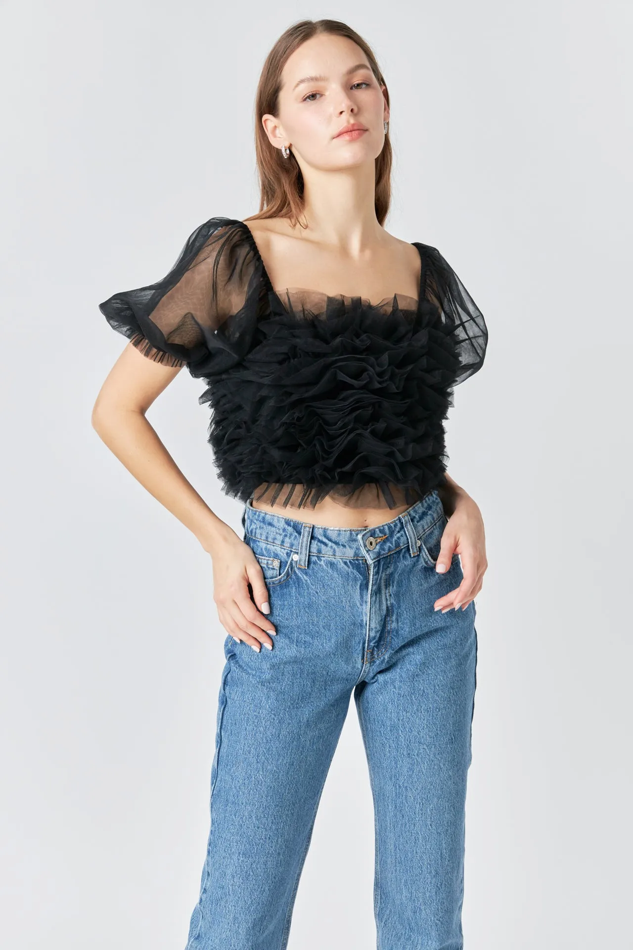 Ruffled Puff Sleeve Tulle Top