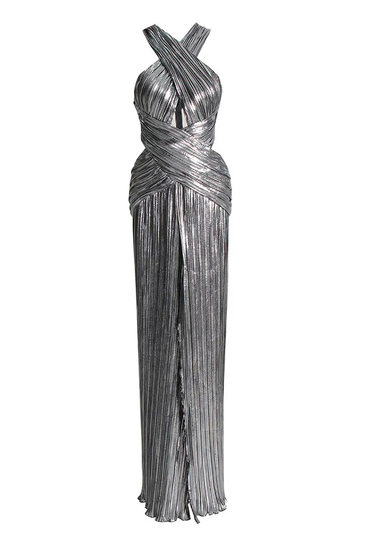 Sexy Crossover Neck Cut Out Metallic Pleated Split Evening Maxi Dress