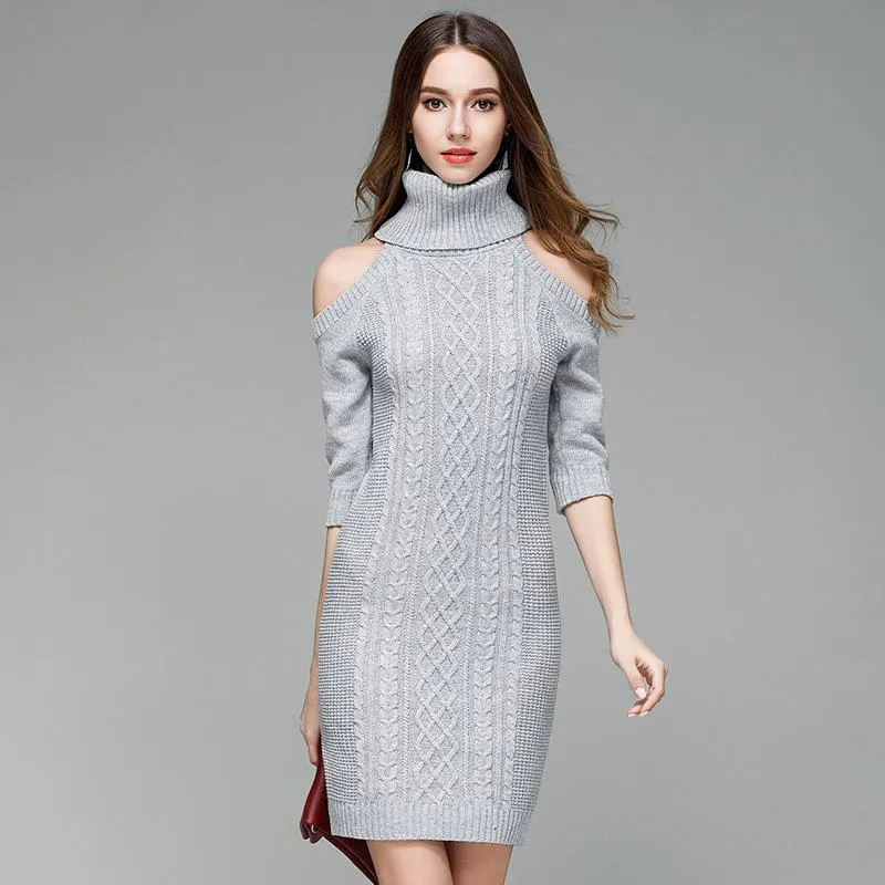 Sexy off-shoulder knitted dress women long turtleneck sweater bottoming shirt