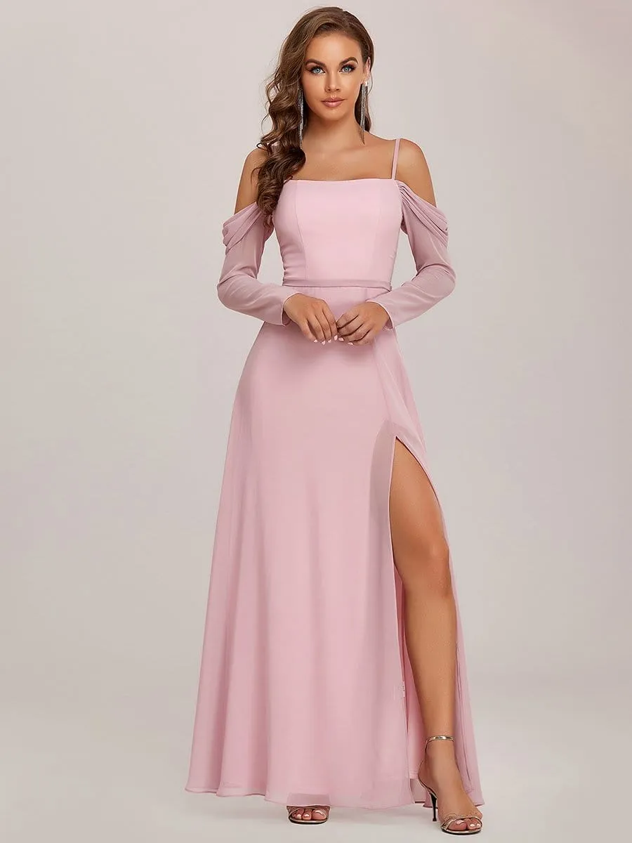 Sheer Long Sleeved Cold Shoulder Slit Bridesmaid Dress