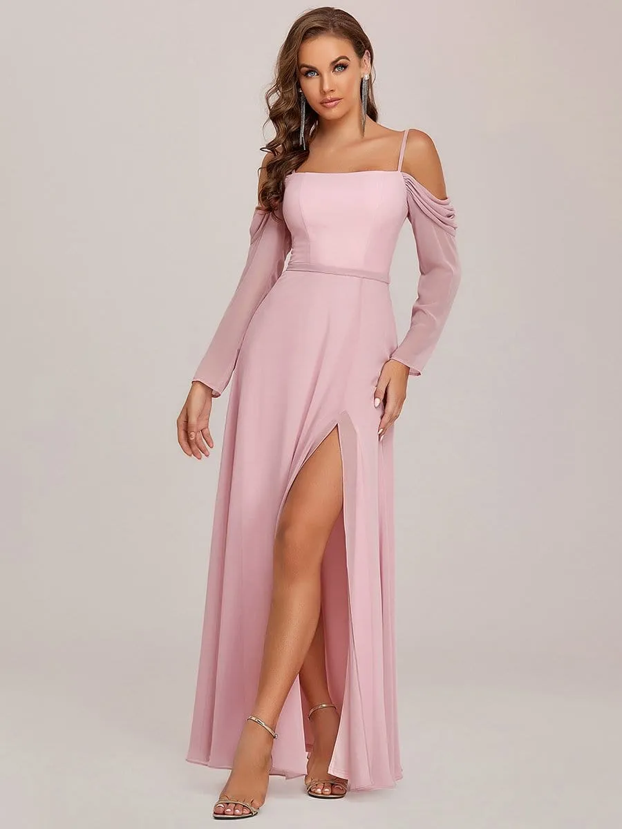 Sheer Long Sleeved Cold Shoulder Slit Bridesmaid Dress