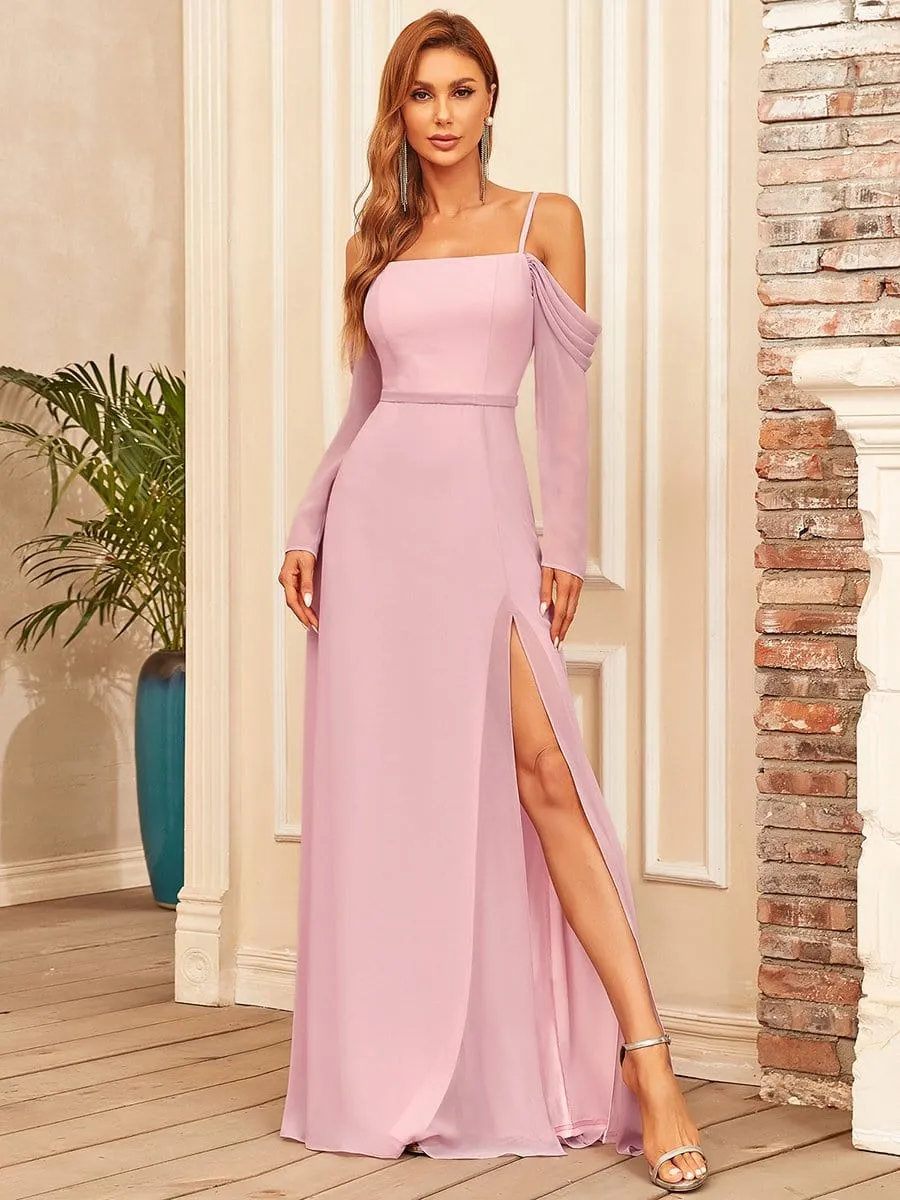 Sheer Long Sleeved Cold Shoulder Slit Bridesmaid Dress