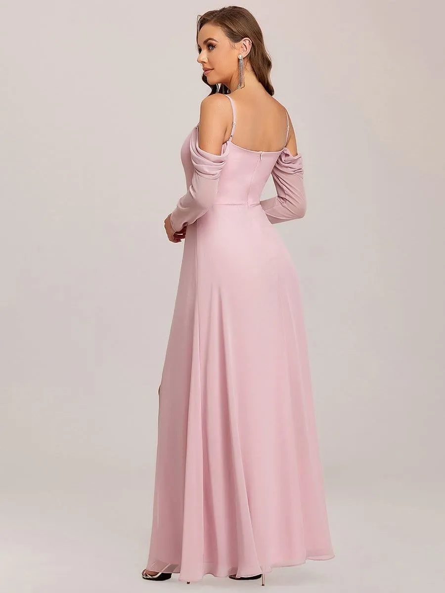 Sheer Long Sleeved Cold Shoulder Slit Bridesmaid Dress