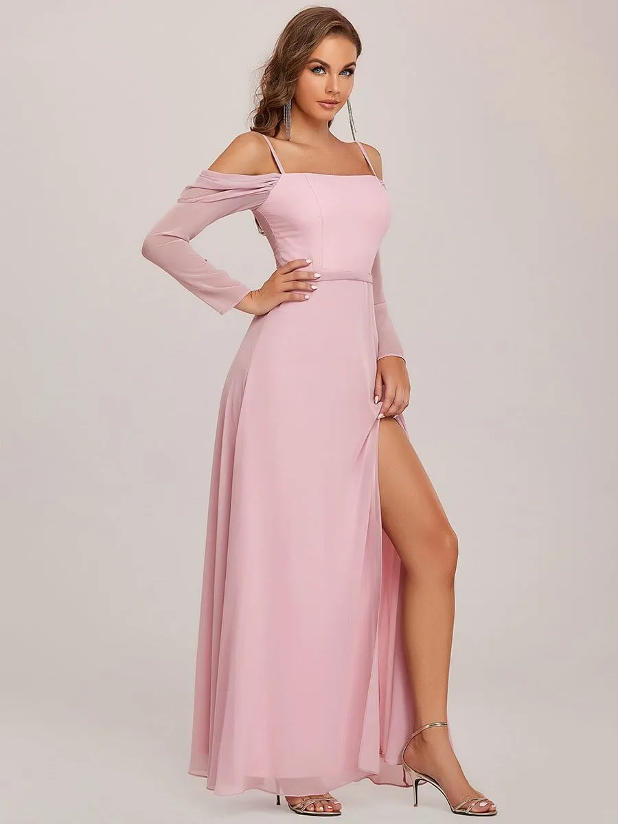 Sheer Long Sleeved Cold Shoulder Slit Bridesmaid Dress