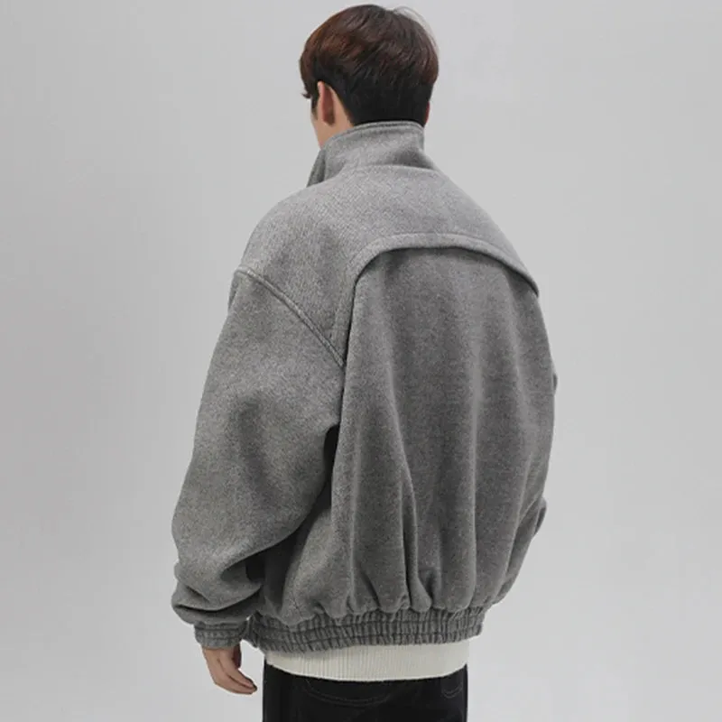 Solid Male Woolen Stand Collar Jacket