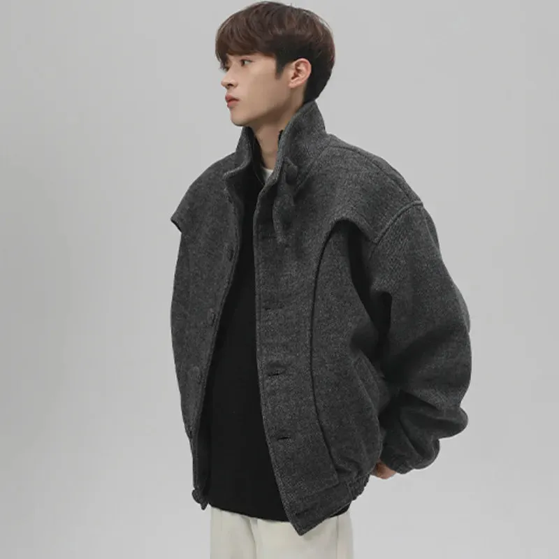 Solid Male Woolen Stand Collar Jacket