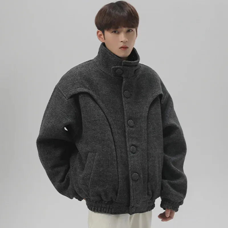 Solid Male Woolen Stand Collar Jacket