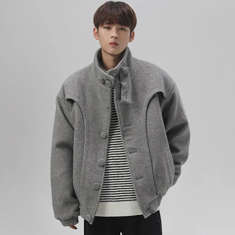 Solid Male Woolen Stand Collar Jacket