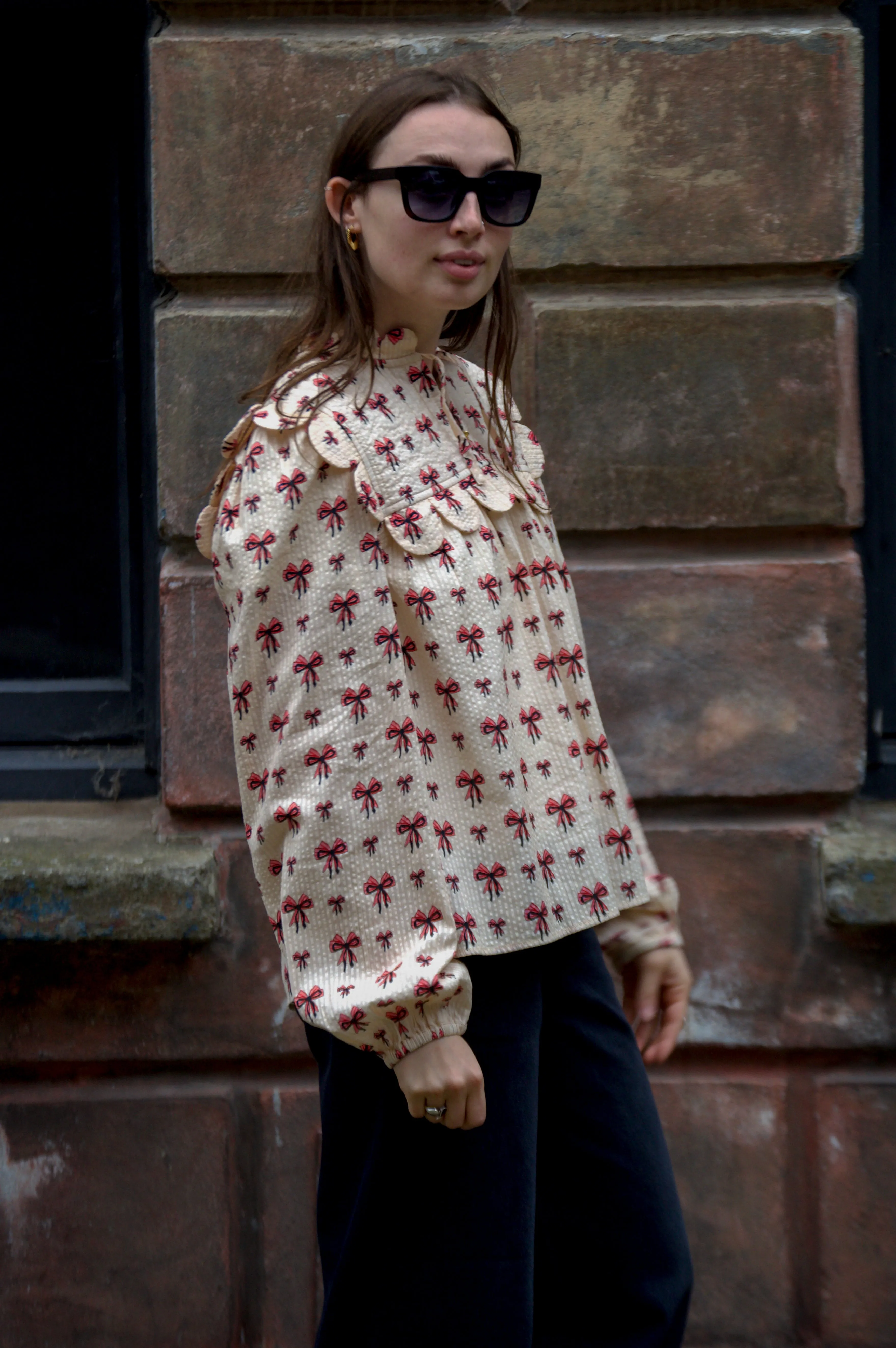 Stella Nova Bow Printed Latte Tongue Blouse