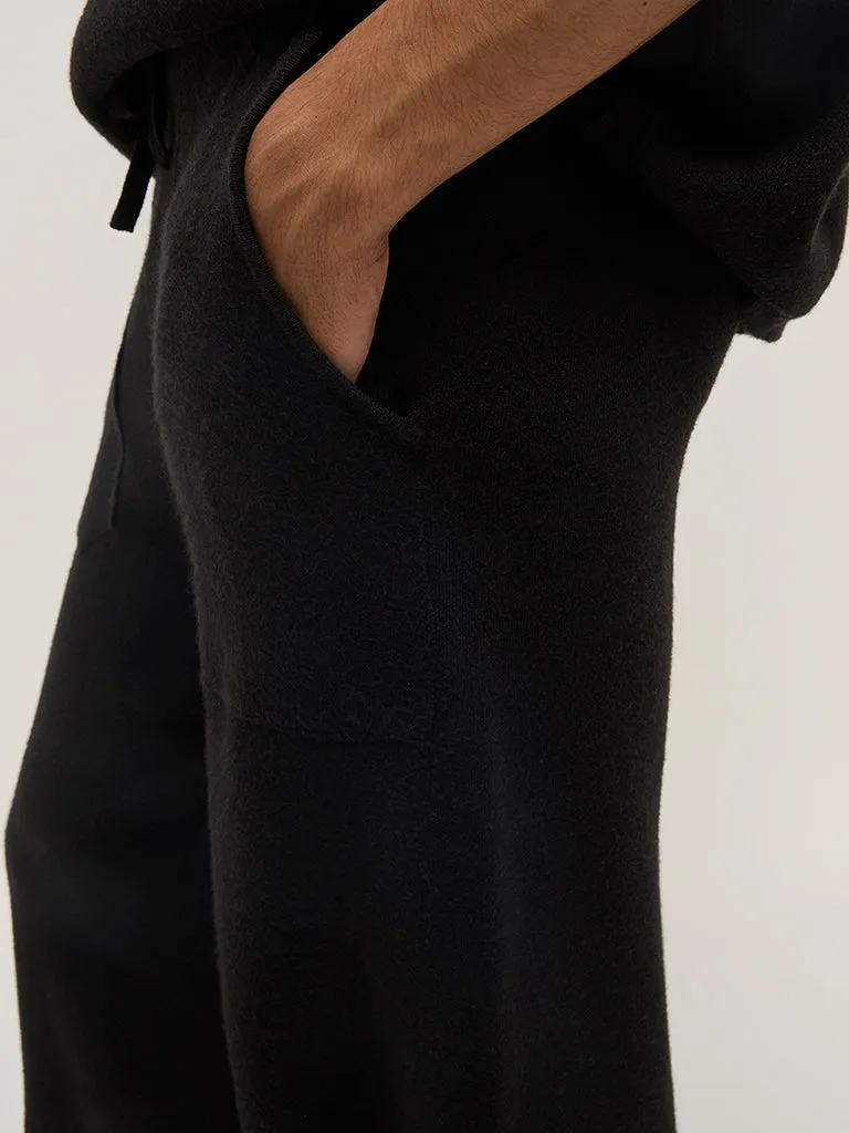 Studiofit Black Knitted Relaxed-Fit Mid-Rise Track Pants