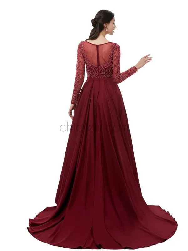 Stunning A-line Long Sleeve Beaded Prom Dress, YKX077