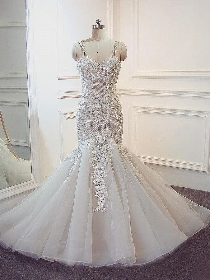 Stunning Long Mermaid Spaghetti Strap Lace Wedding Dresses