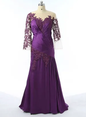 Stunning Purple Mother Of The Bride Dresses Mermaid 3/4 Sleeves Tafffeta Beaded