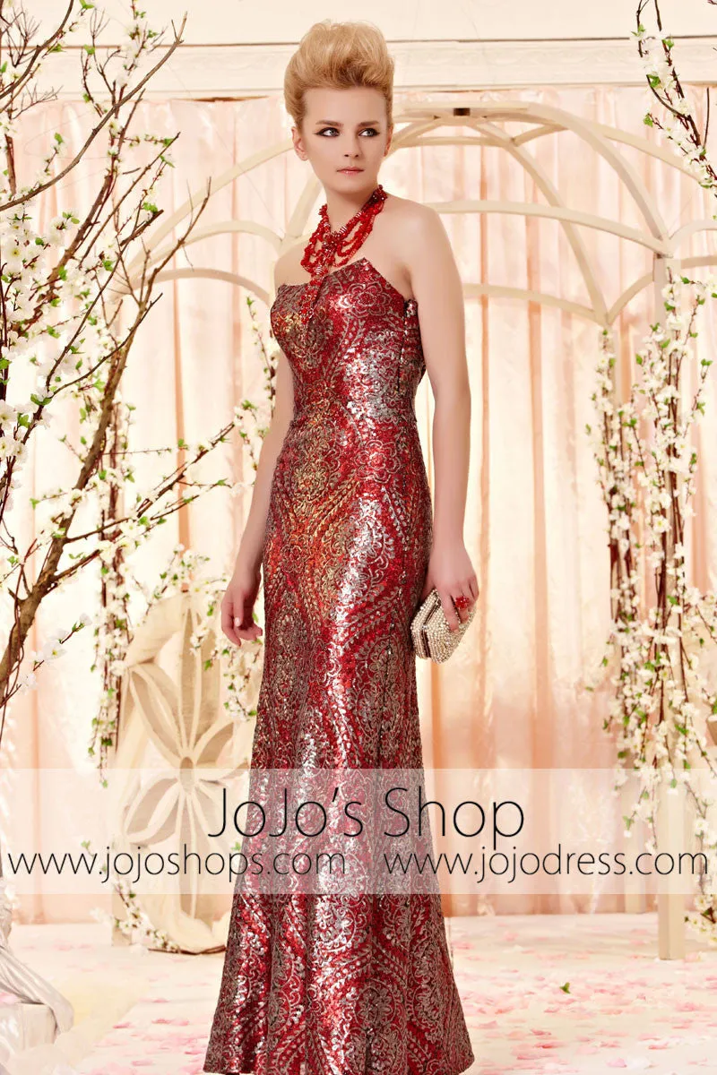 Stunning Red and Silver Sequins Vintage Pattern Strapless Evening Dress CX830303