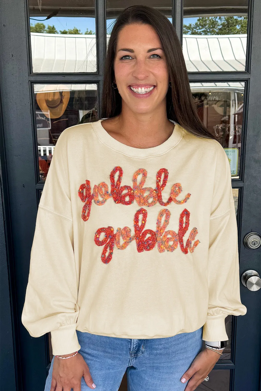 Thanksgiving Gobble Gobble Embroidered Sweatshirt