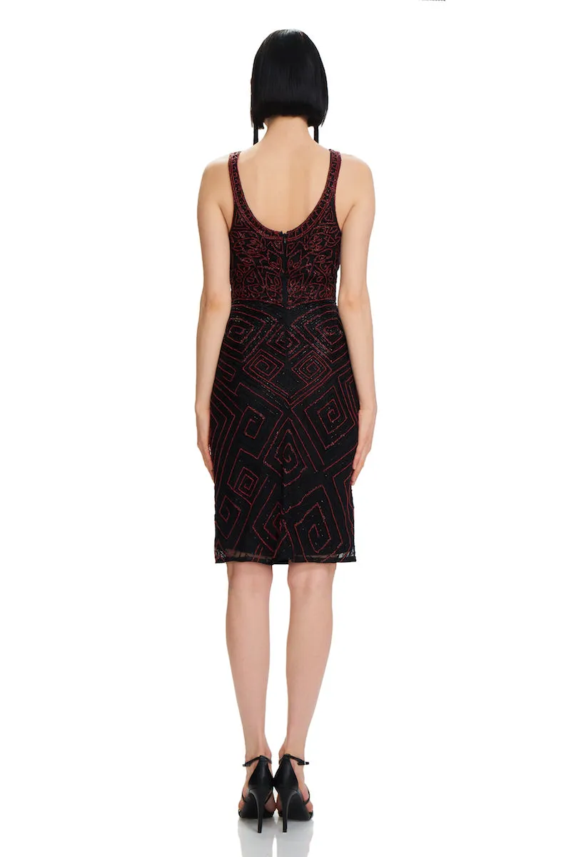 Theia Boat Neck Sleeveless Zipper Back Beaded Mesh Dress