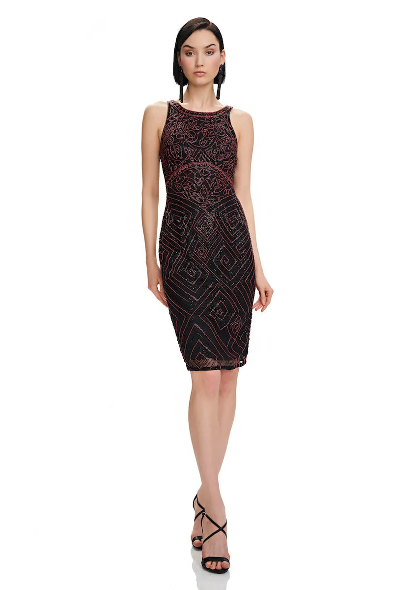 Theia Boat Neck Sleeveless Zipper Back Beaded Mesh Dress