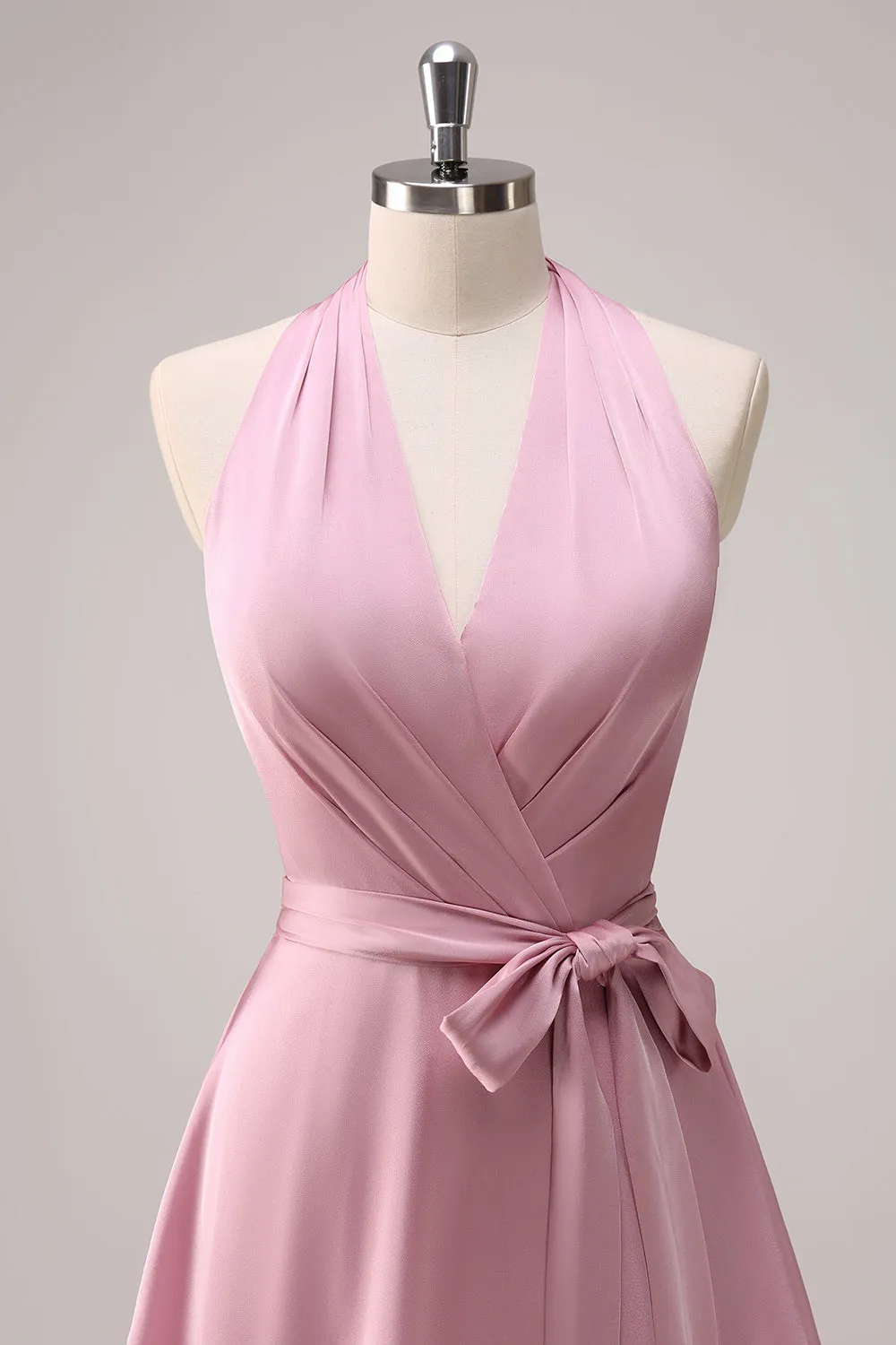 Tiered Pink A Line Halter Maxi Dress with Sash