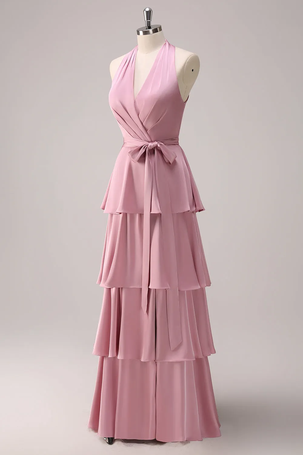 Tiered Pink A Line Halter Maxi Dress with Sash