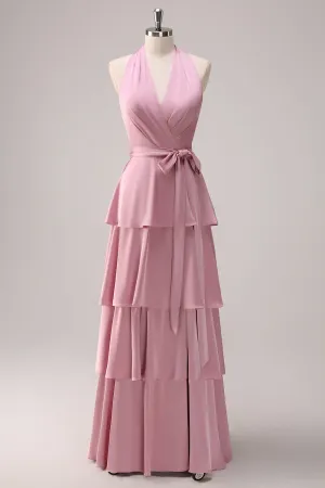 Tiered Pink A Line Halter Maxi Dress with Sash