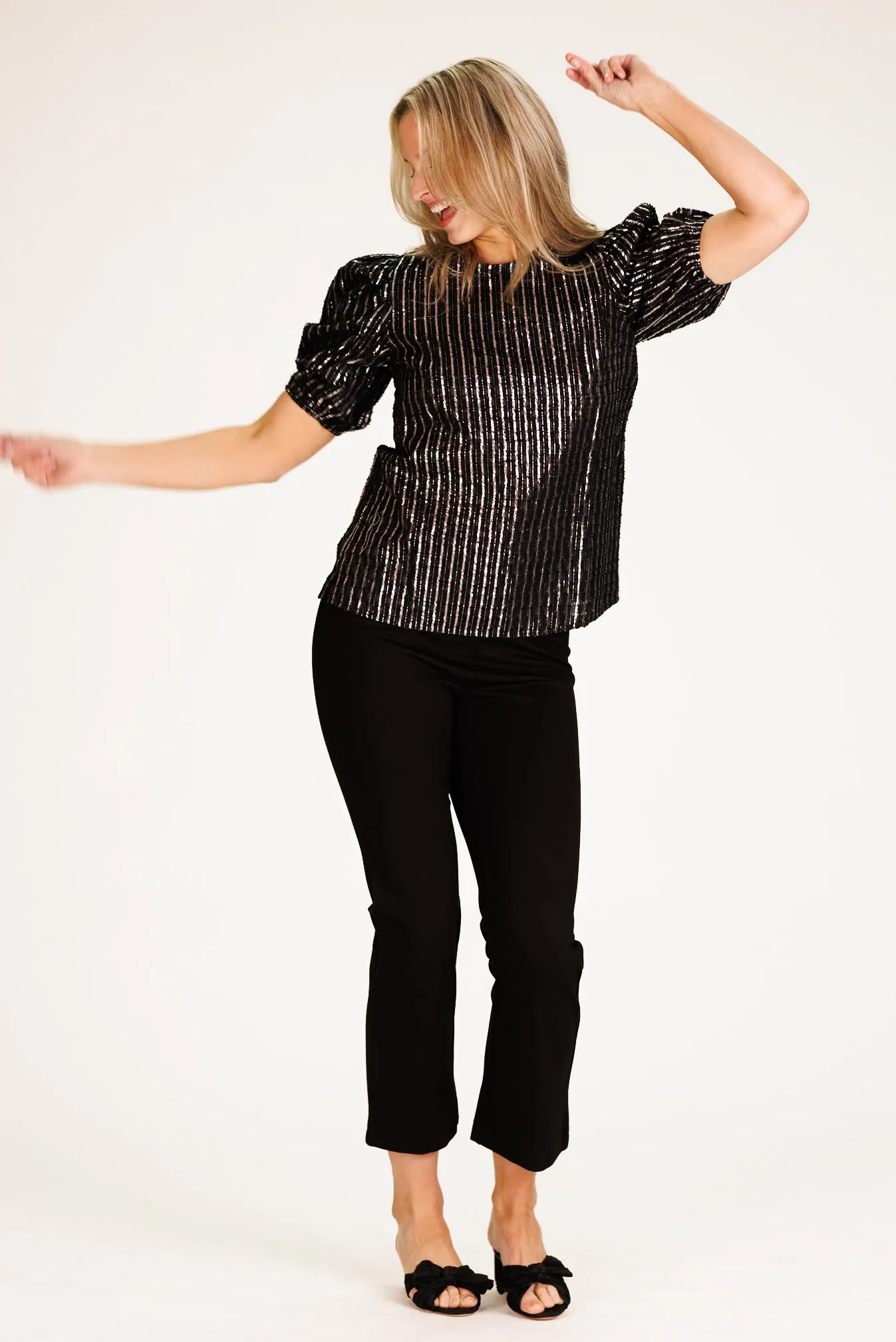 Ulla Top in Black Clipped Metallic Silver Stripe