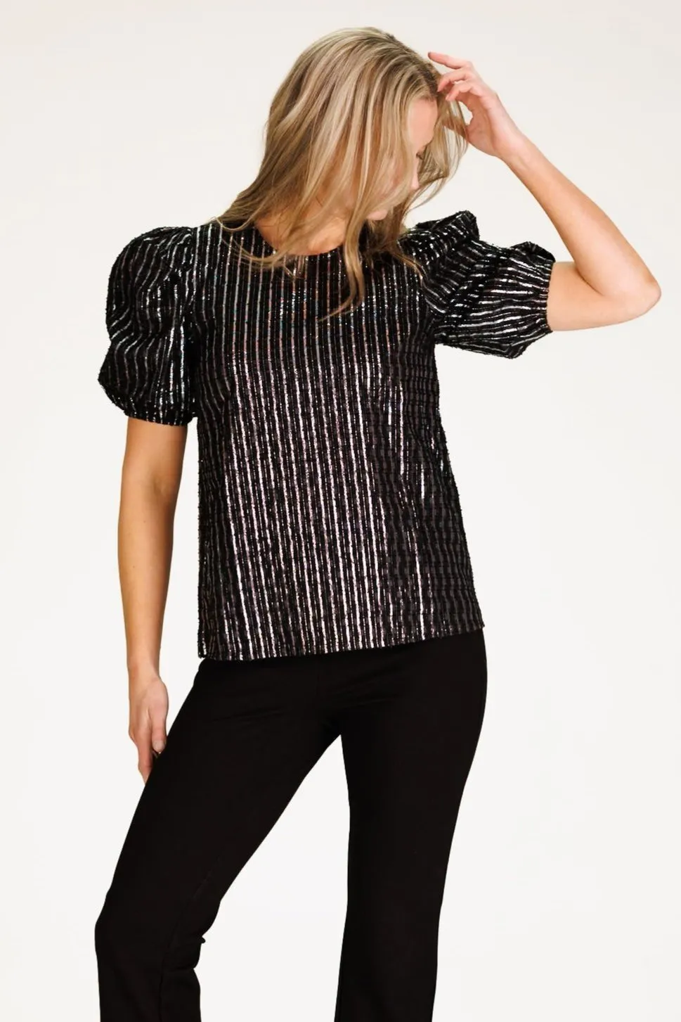 Ulla Top in Black Clipped Metallic Silver Stripe