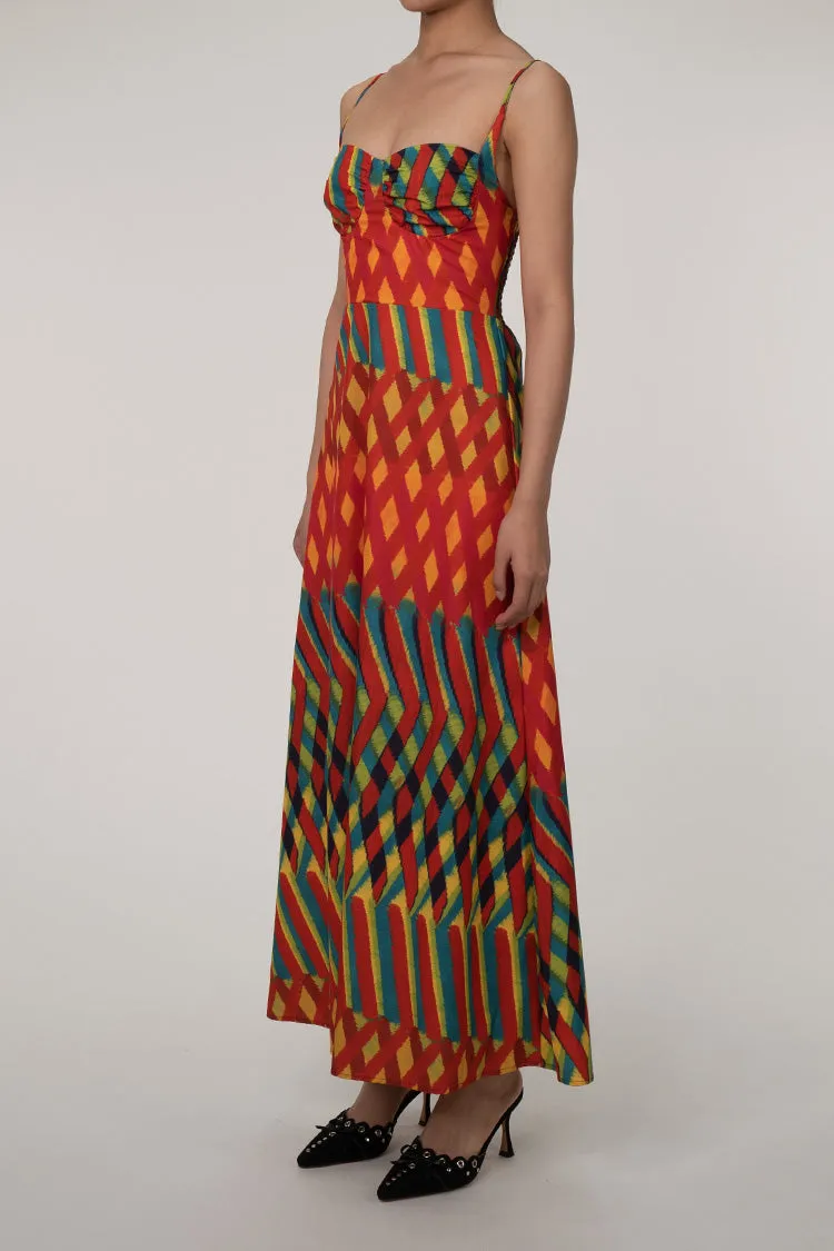 Vibrant Geometric Print Bustier Smocked Beach Vacation Maxi Sundress