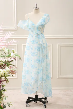 White Blue Flower A Line Chiffon Ruffled Tea Length Dress