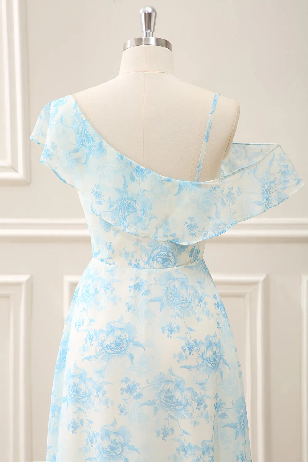 White Blue Flower A Line Chiffon Ruffled Tea Length Dress