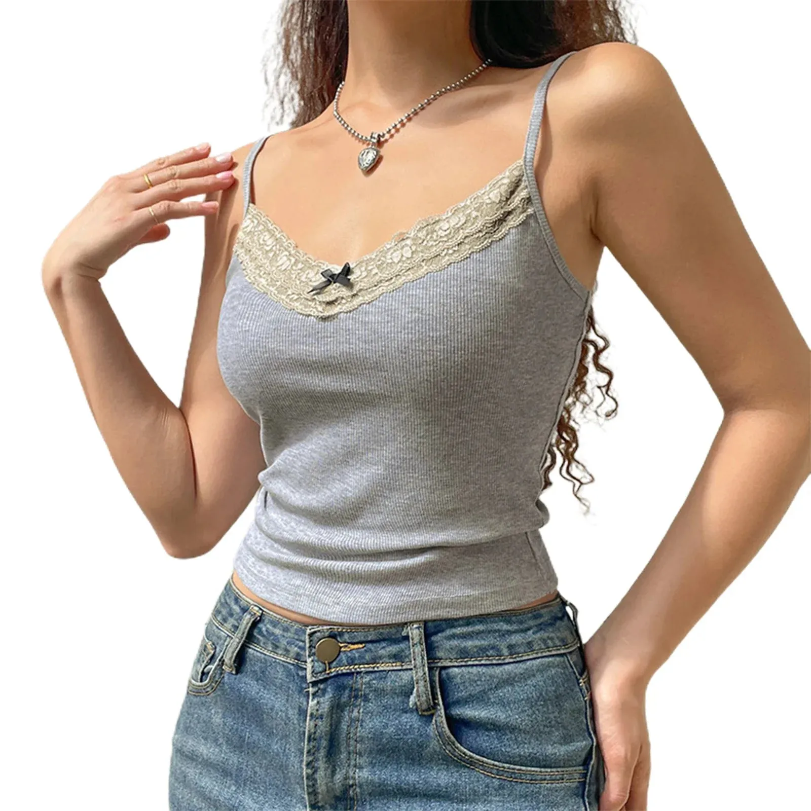 Women Tank Tops Young Bow Lace Crop Tops Aesthetic Milkmaid Cami Tank Y2k Top