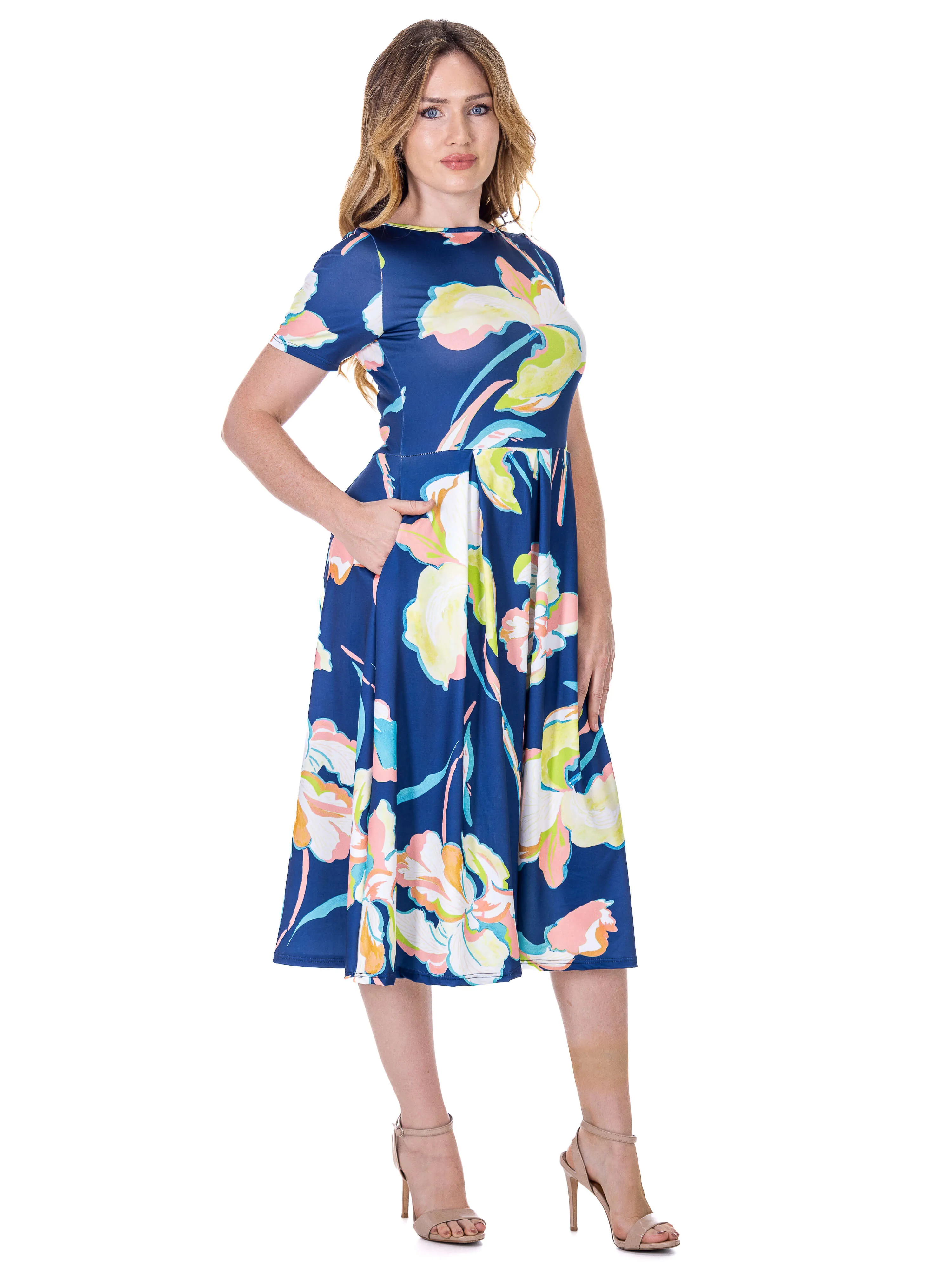 Womens Blue Floral Short Sleeve Pleated Flare Midi Pocket Dress