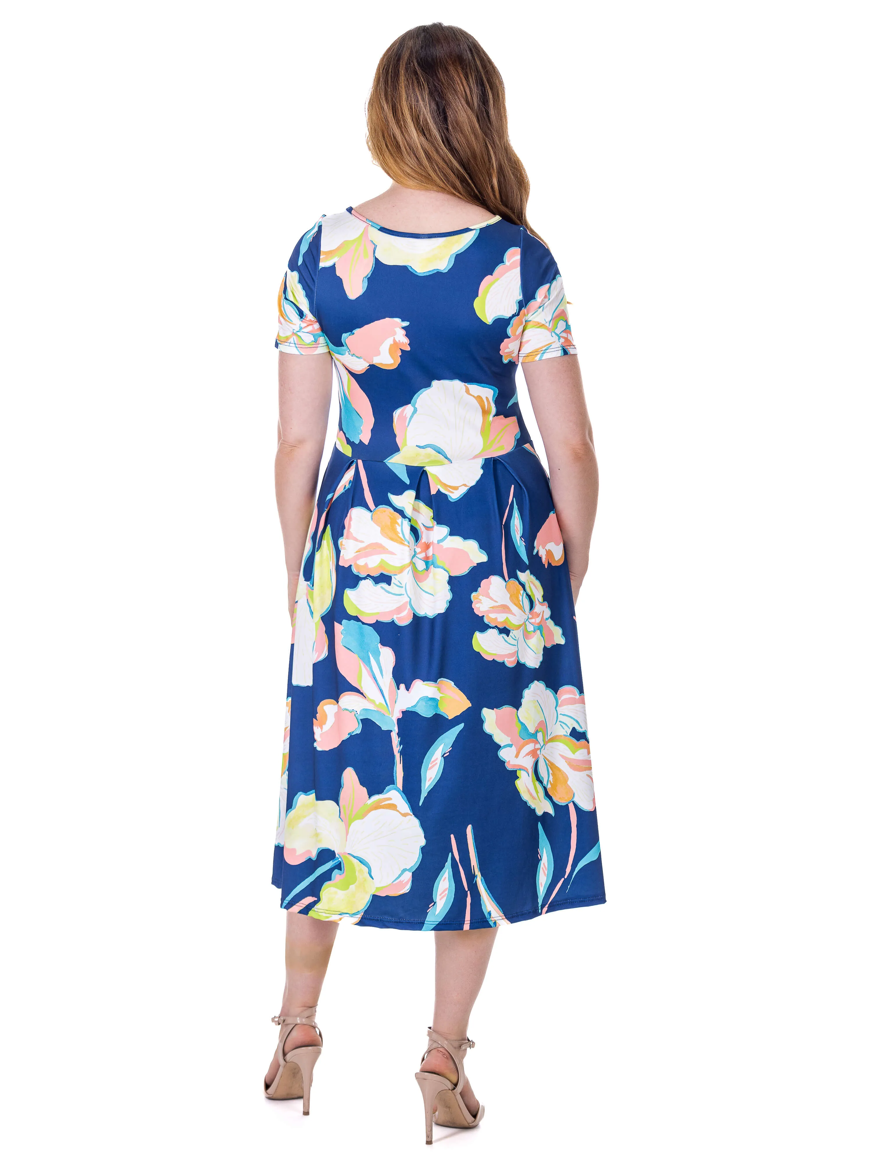 Womens Blue Floral Short Sleeve Pleated Flare Midi Pocket Dress