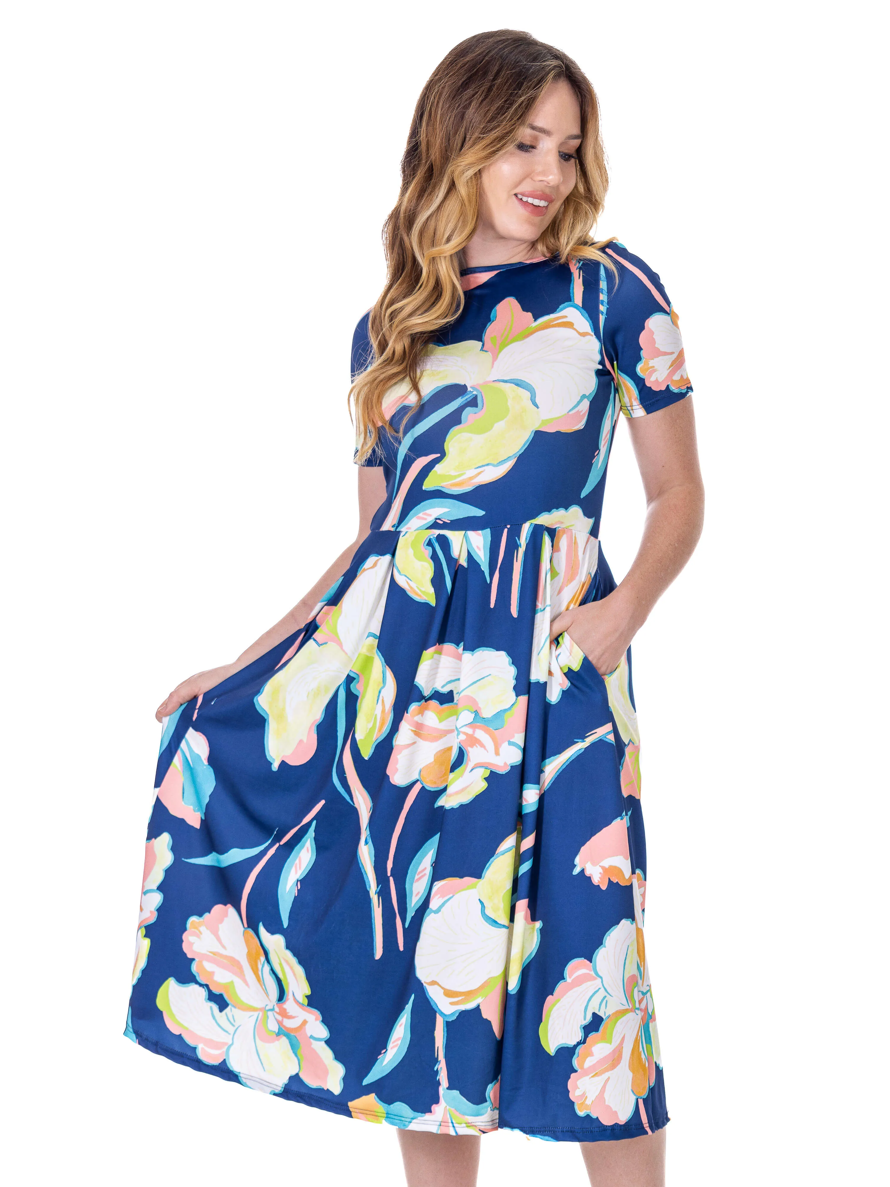 Womens Blue Floral Short Sleeve Pleated Flare Midi Pocket Dress