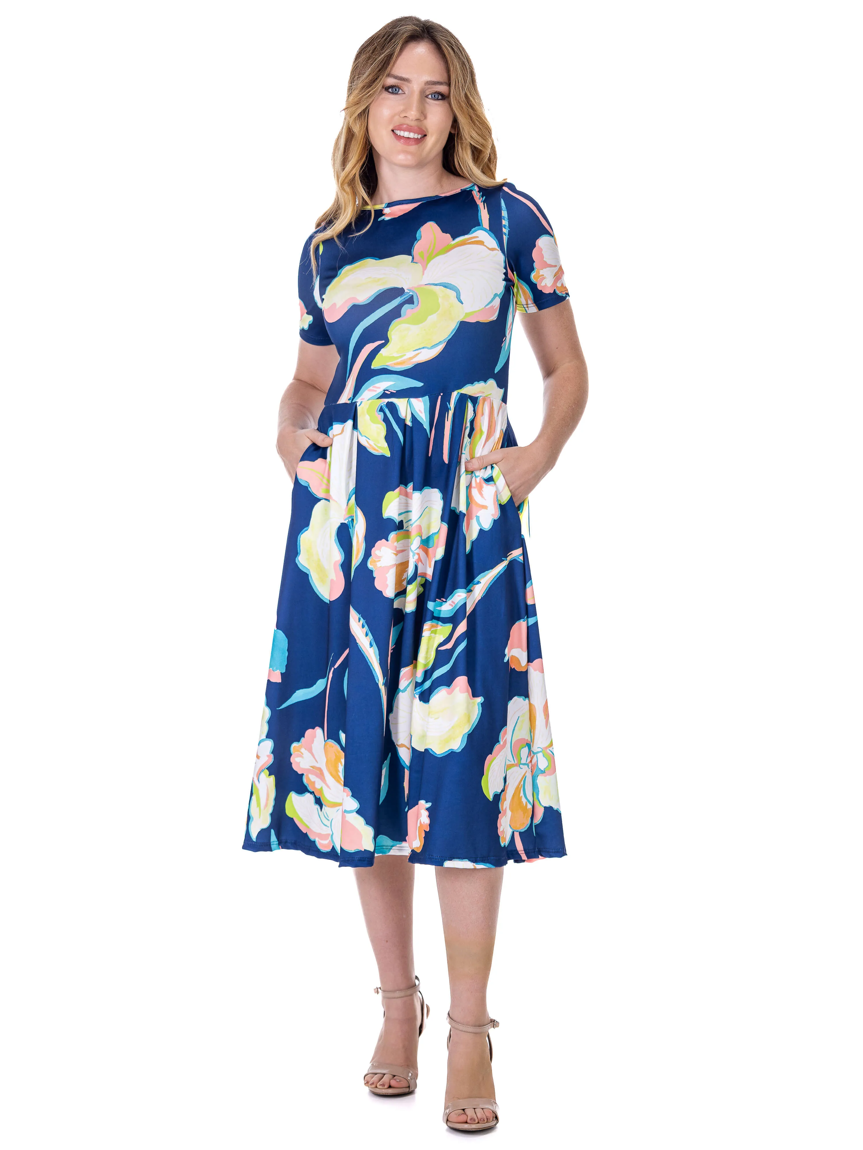 Womens Blue Floral Short Sleeve Pleated Flare Midi Pocket Dress