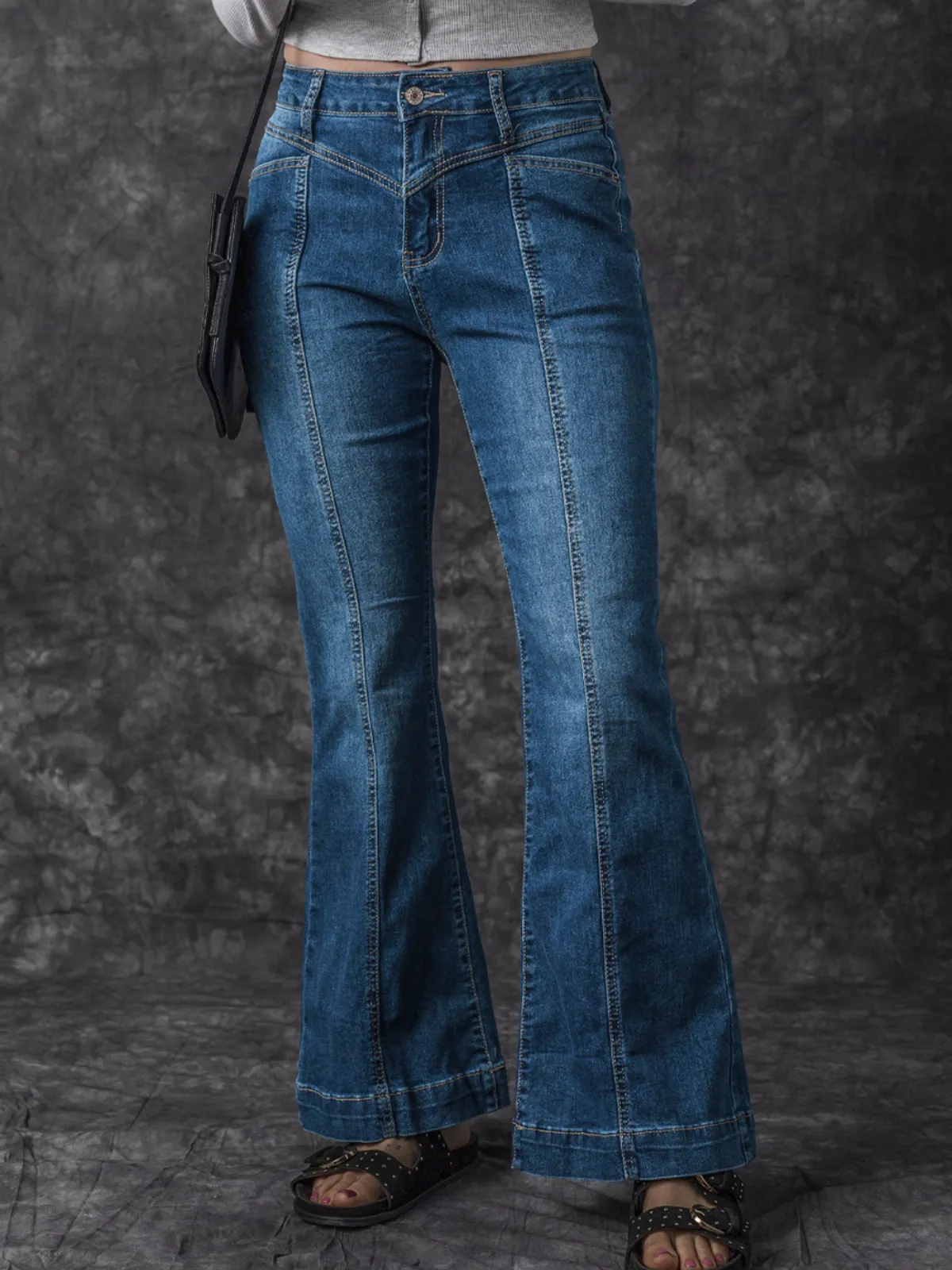 Womens Blue High-Waisted Flare Jeans with Contrast Stitching