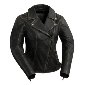 Women's Brown Leather Asymmeterical Jacket With Crocodile Shoulders