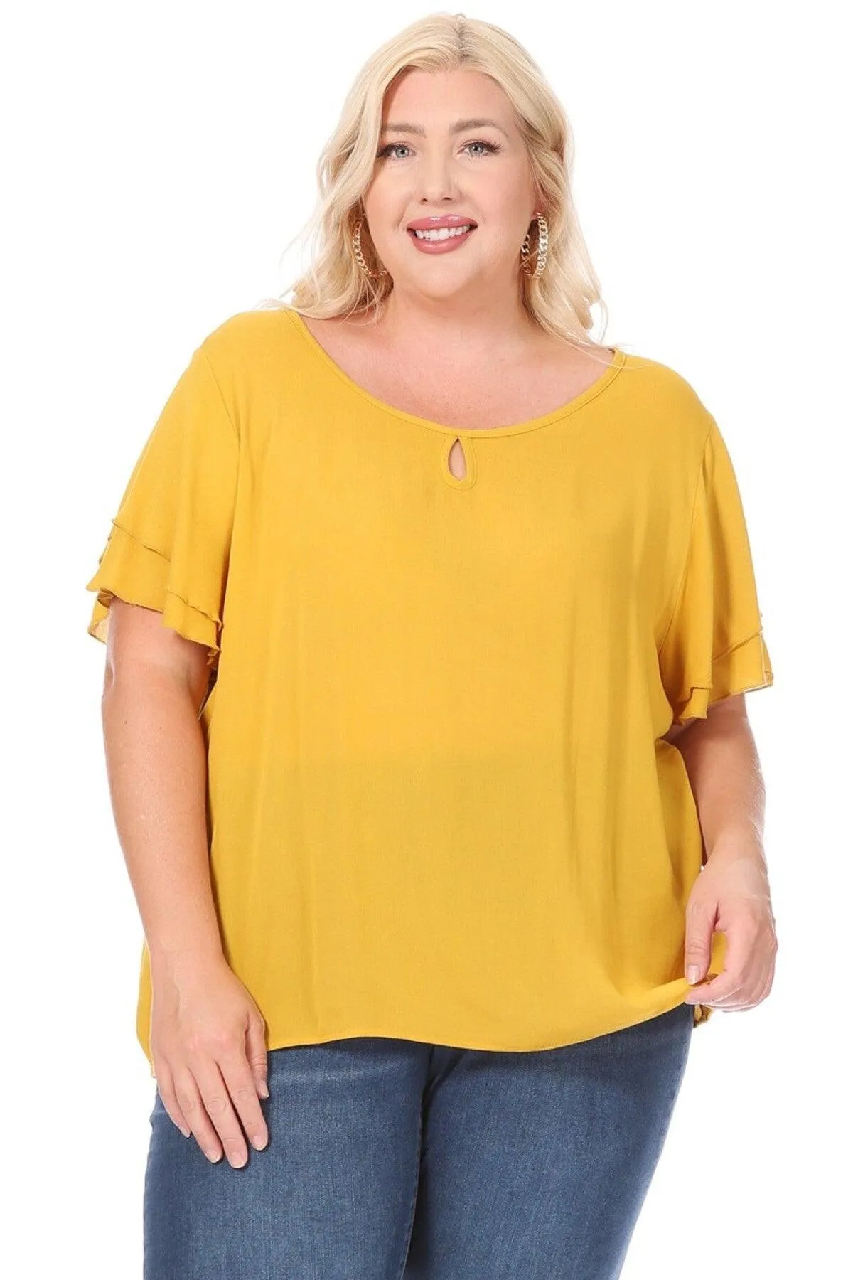 Women's Plus Size Solid Flowy Short Flutter Sleeve Key Hole Blouse