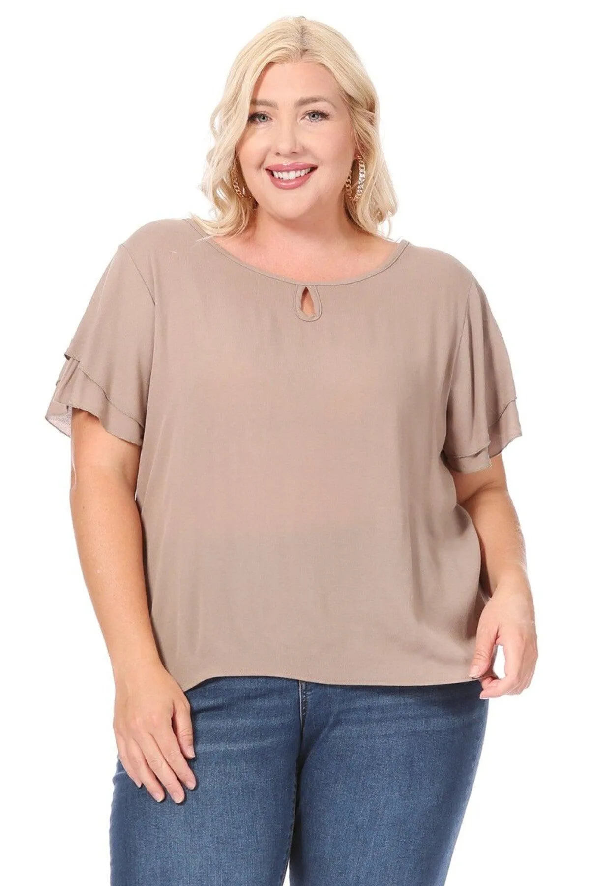 Women's Plus Size Solid Flowy Short Flutter Sleeve Key Hole Blouse