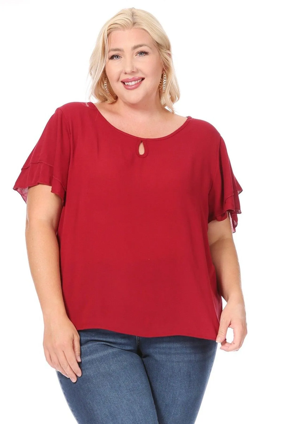 Women's Plus Size Solid Flowy Short Flutter Sleeve Key Hole Blouse