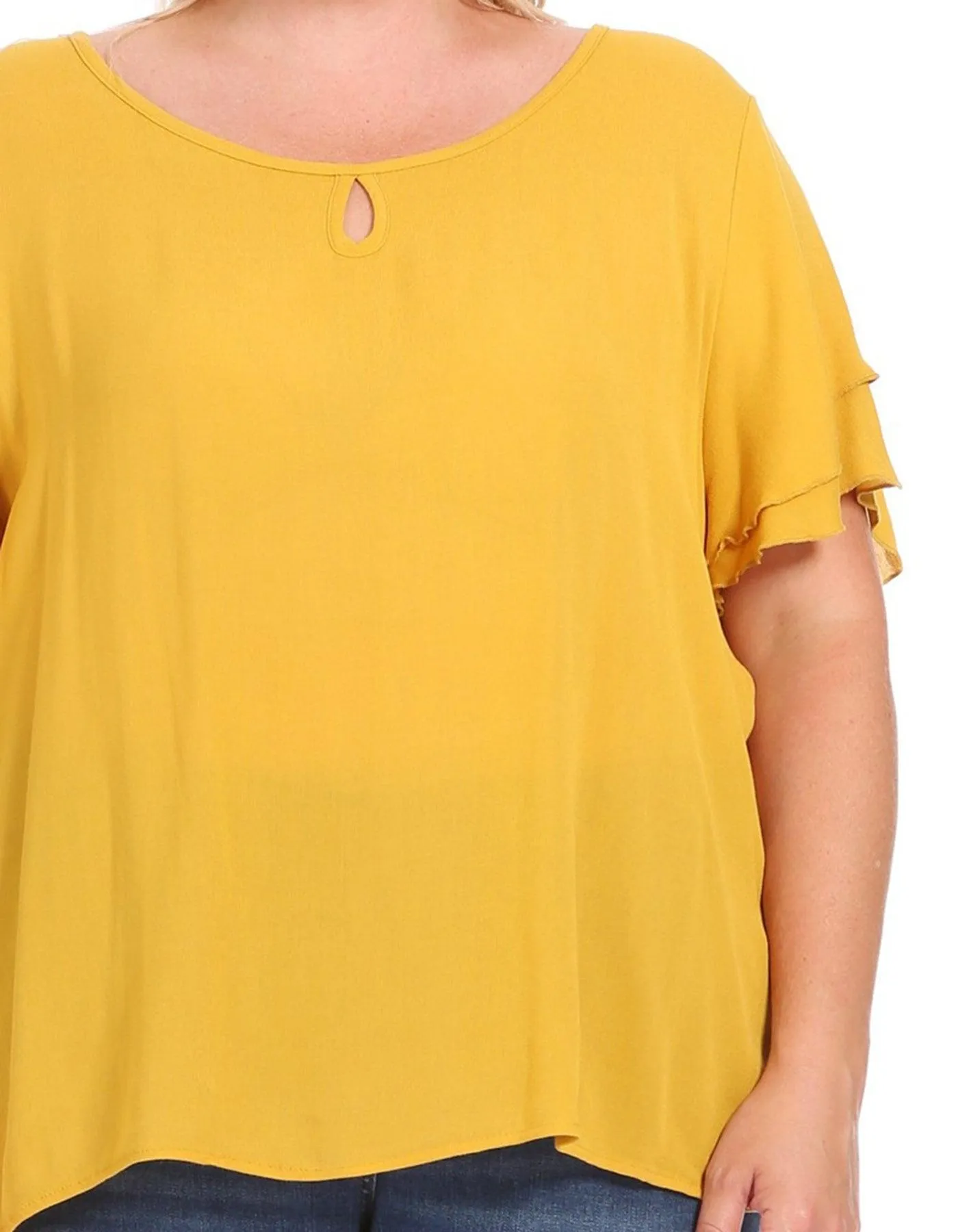 Women's Plus Size Solid Flowy Short Flutter Sleeve Key Hole Blouse