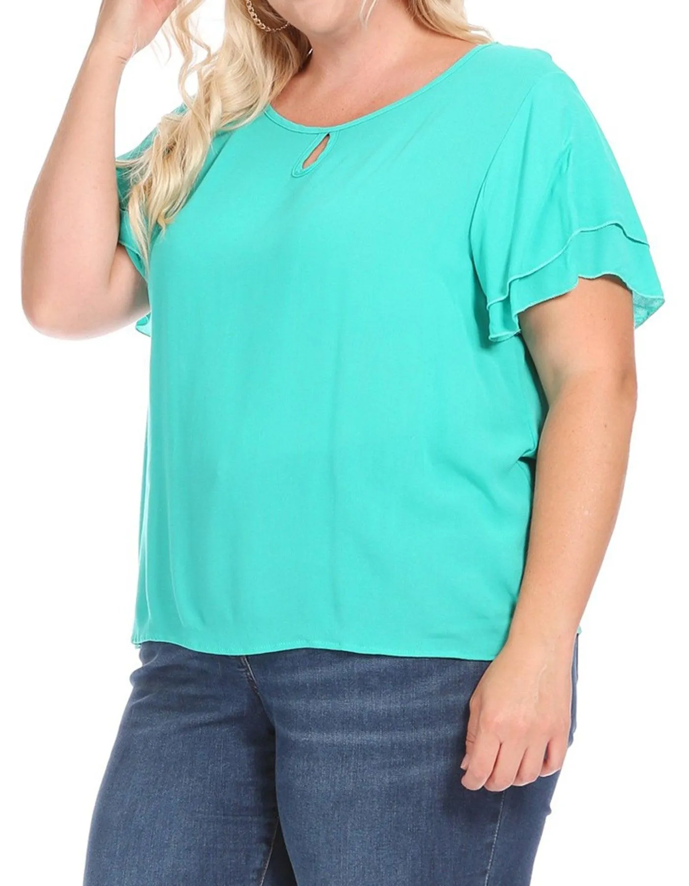 Women's Plus Size Solid Flowy Short Flutter Sleeve Key Hole Blouse