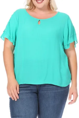 Women's Plus Size Solid Flowy Short Flutter Sleeve Key Hole Blouse